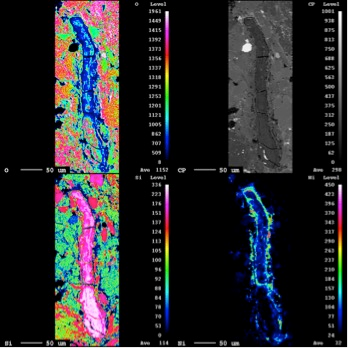 “At top right is a backscattered electron image (the long thin dark object is opal). At bottom left is an image of silica concentrations in opal and surrounding meteoritic minerals. At top left is an image of oxygen concentrations in opal and surrounding minerals. At bottom right is an image nickel concentrations in opal and surrounding minerals.” (Image: Hilary Downes)